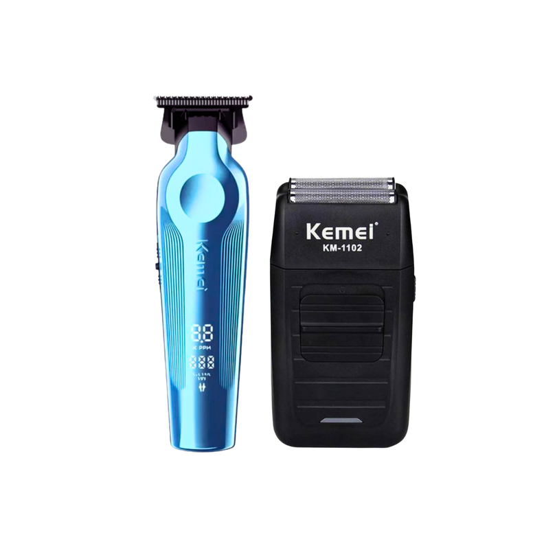 Combo Patillera Trimmer Kemei 264 AZUL Shever Kemei 1102 Color Negro