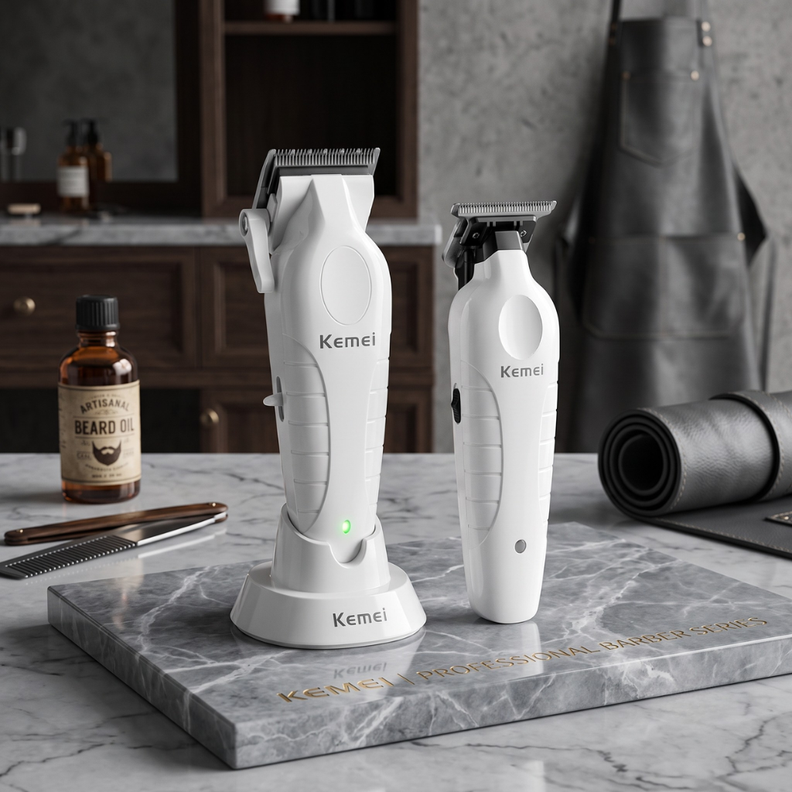 Combo Kemei Profesional Cortadora KM 2296 y Patillera KM 2299 Edicion Blanco