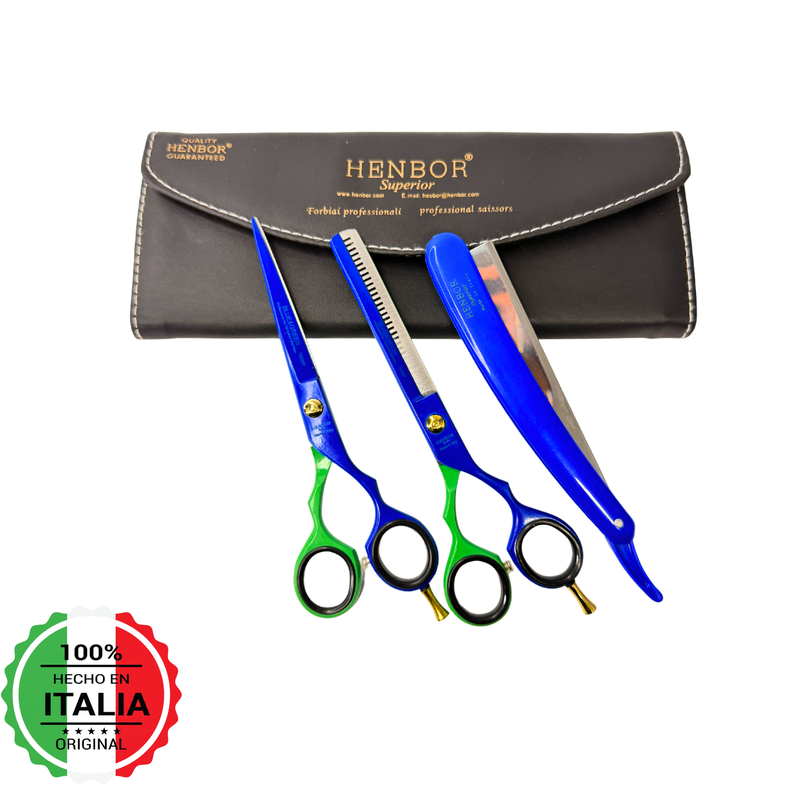 Set Tijeras Barbero Henbor 6 Microdentada Esculpidora Navaja Con Estuche