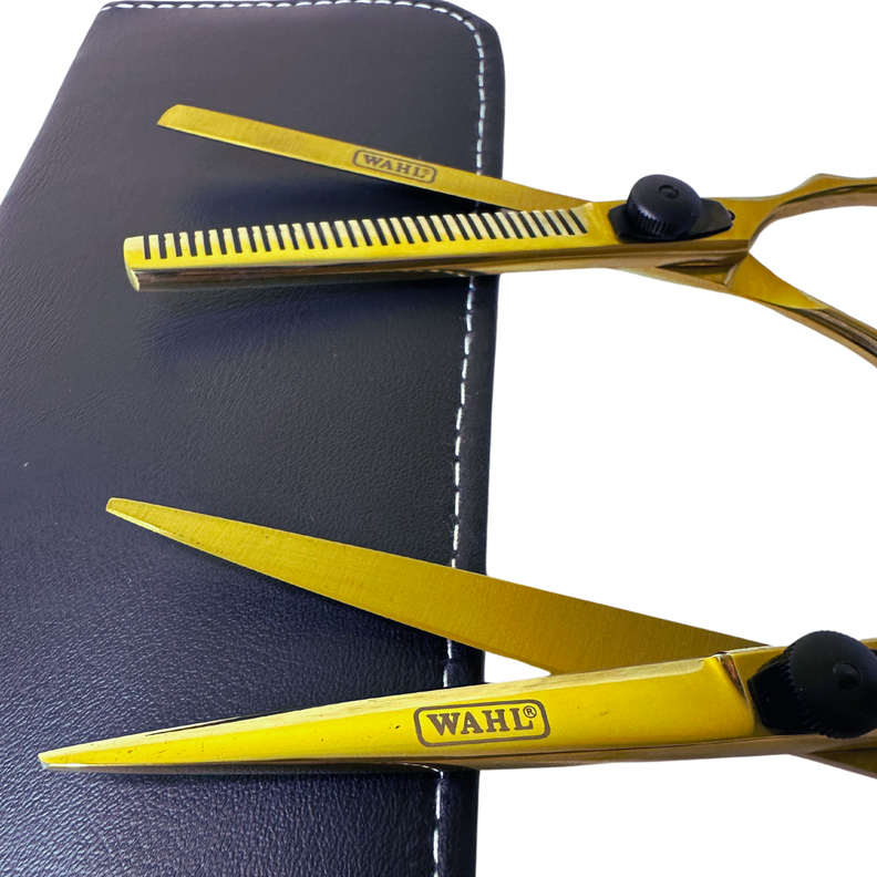 Set De Tijera Wahl filo navaja y esculpidora 6" dorada-1