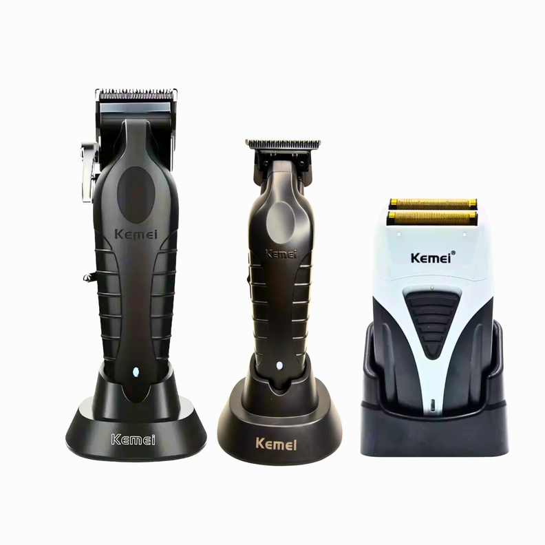Combo Kemei Cortapelo KM 2296 Trimmer KM 2299 Shaver KM 3383 con Base de Carga