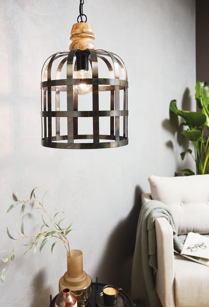 LAMPARA COLGANTE ACERO MADERA OLDCASTLE 1X60W IP20 COD.49785-1