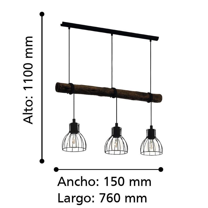 Lámpara Colgante Horningtops Madera Oscura Acero L760 3x40W E27 COD.43352-1
