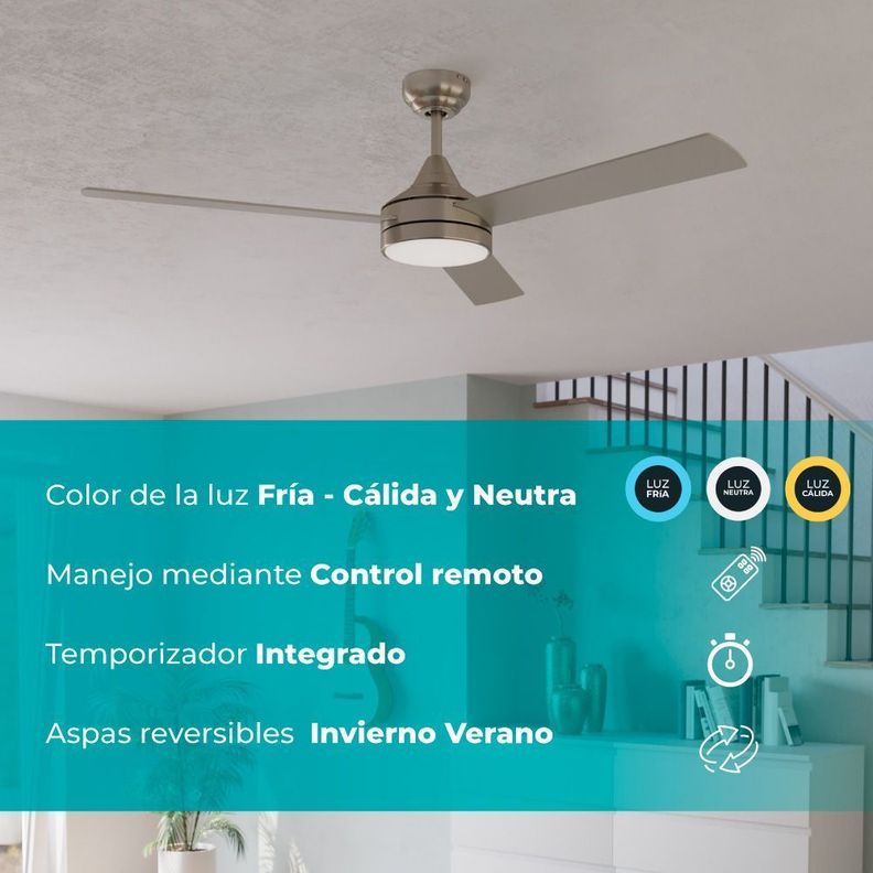 Ventilador Sesimbra Acero Niquel Satin Dm1320 3450k 1936lm Cod.35081-1