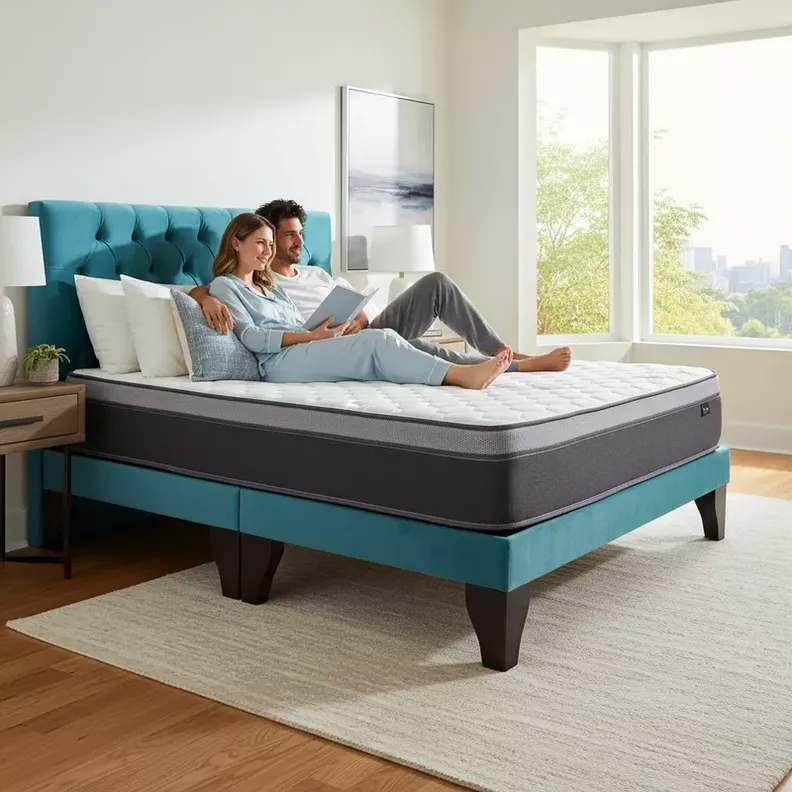 Cama Europea 2 Plazas con Colchon Pilow Top 30cm Capitones Turquesa 150 CM