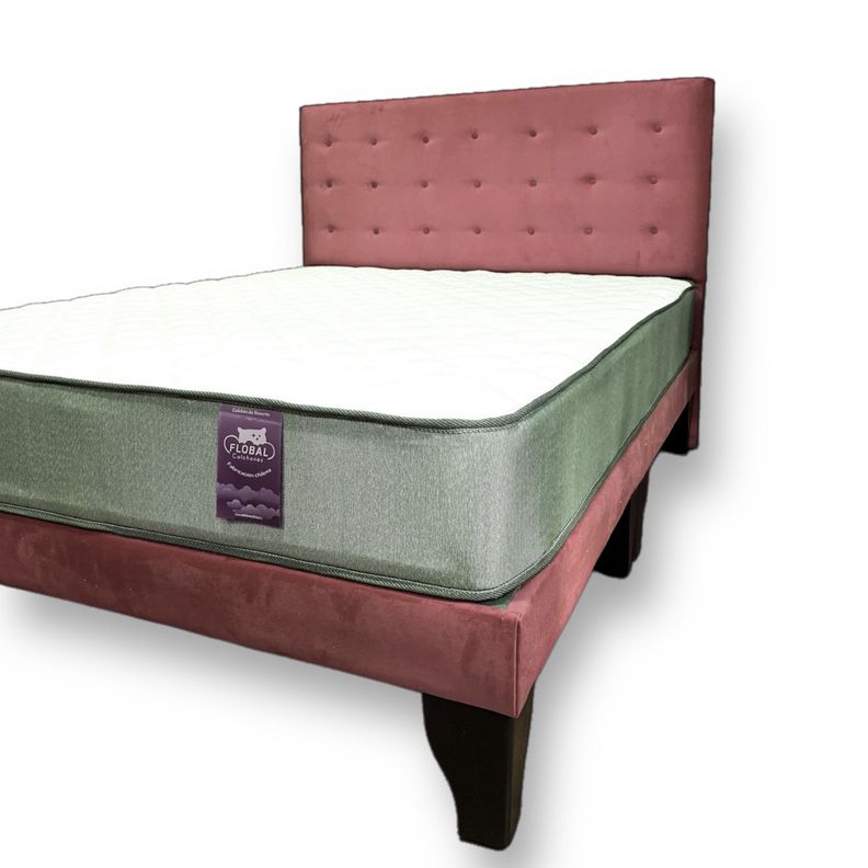 Cama 2 Plazas Abotonada 150X190cm + Respaldo Rosa + Colchon Flobal-0