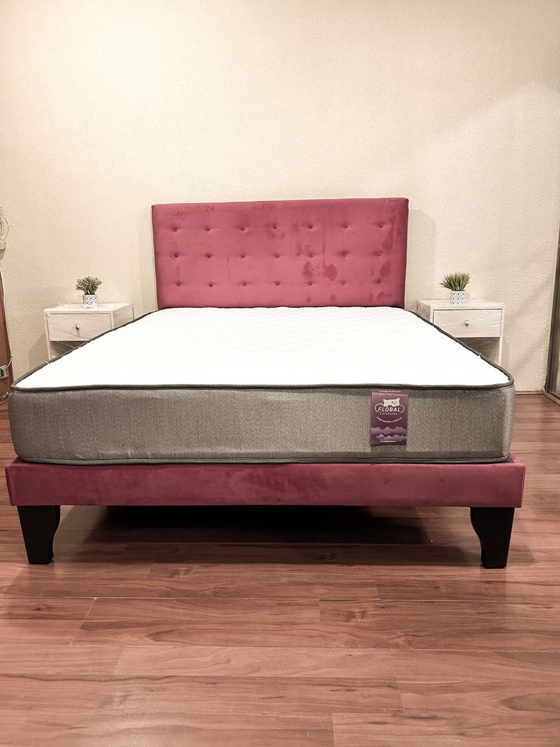 Cama 2 Plazas Abotonada 150X190cm + Respaldo Rosa + Colchon Flobal-1