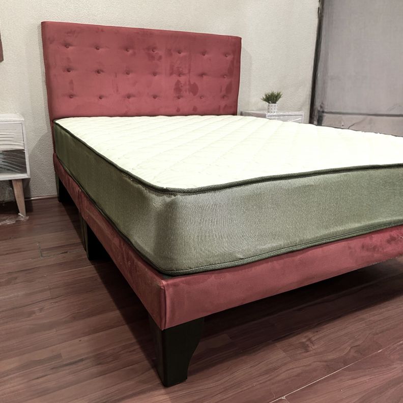 Cama 2 Plazas Abotonada 150X190cm + Respaldo Rosa + Colchon Flobal-3
