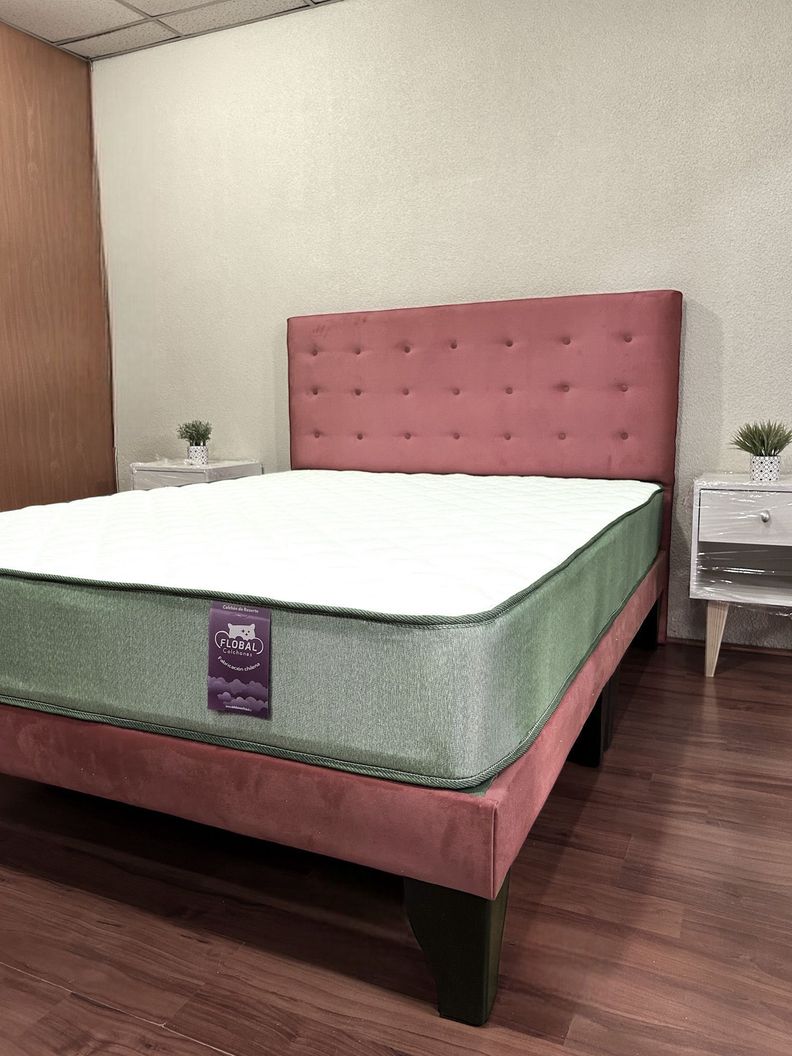Cama 2 Plazas Abotonada 150X190cm + Respaldo Rosa + Colchon Flobal-4