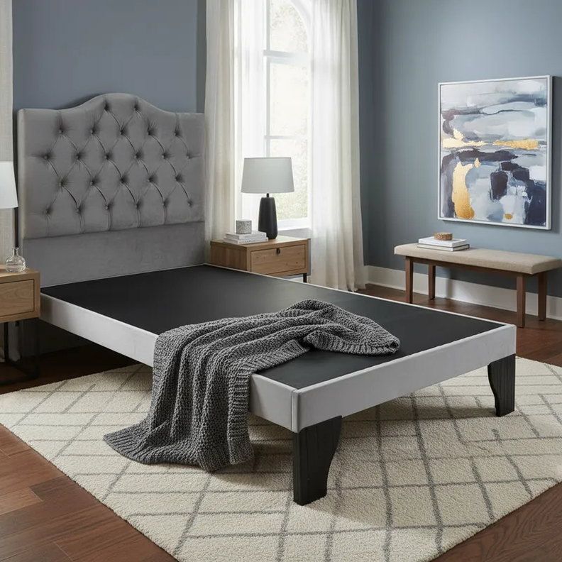 Cama 1,5 Plazas Ovalado, Incluye Base y Respaldo Perla Flobal Gris