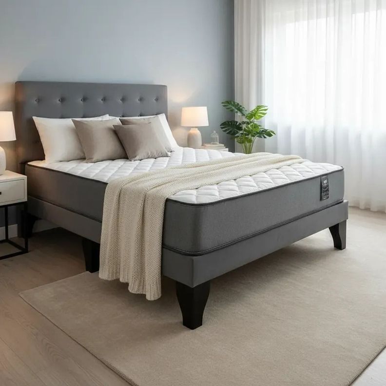 Cama 2 Plazas Europea con Colchon Funcional 28cm Gris Abotonada