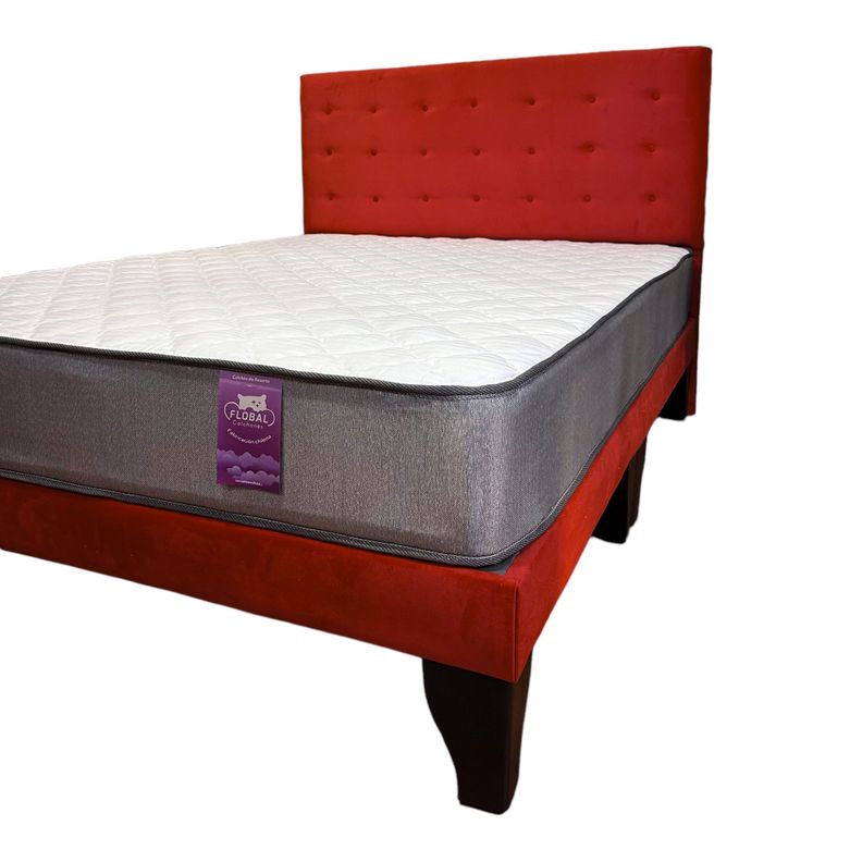 Cama 2 Plazas Abotonada 150X190cm + Respaldo Rojo + Colchon Flobal-0