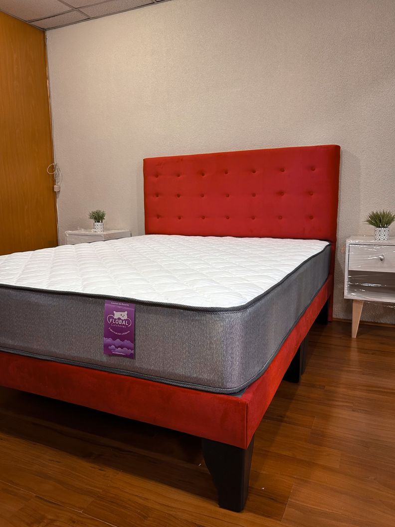 Cama 2 Plazas Abotonada 150X190cm + Respaldo Rojo + Colchon Flobal-1