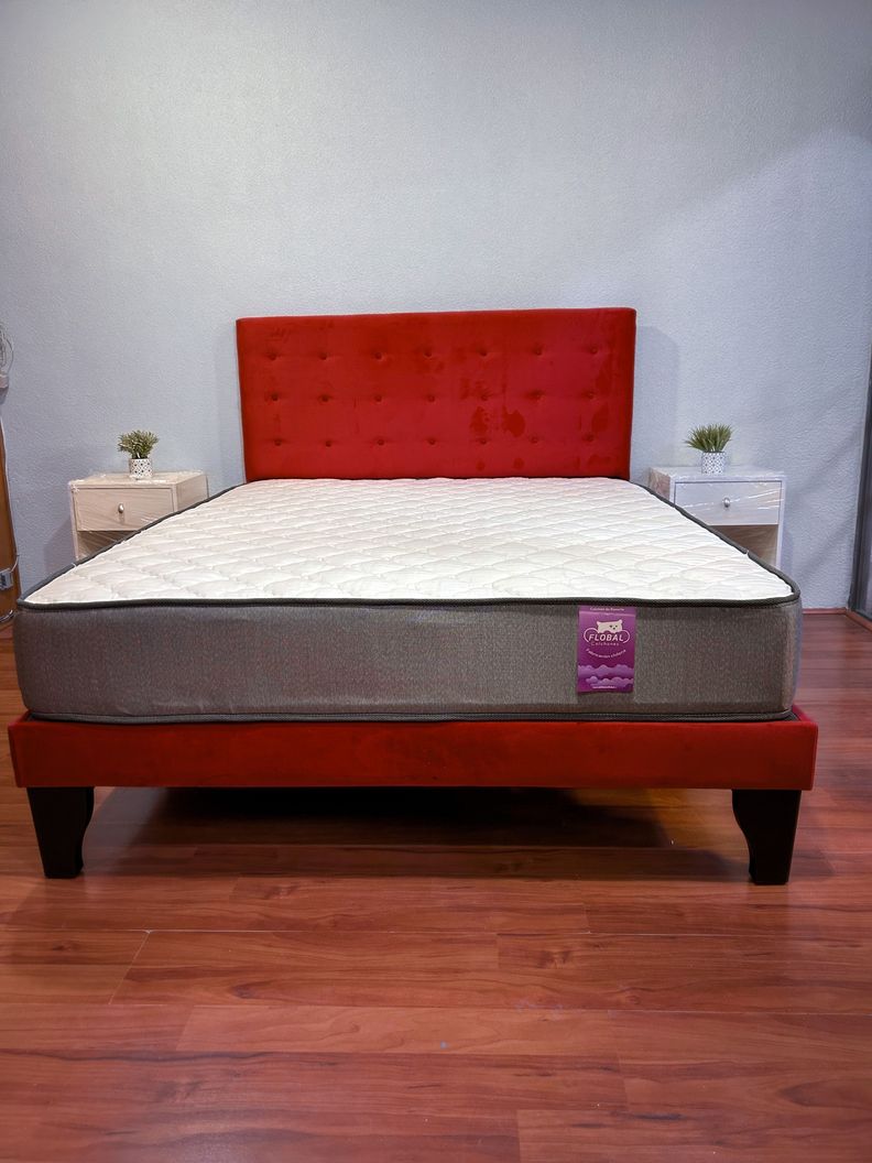 Cama 2 Plazas Abotonada 150X190cm + Respaldo Rojo + Colchon Flobal-2