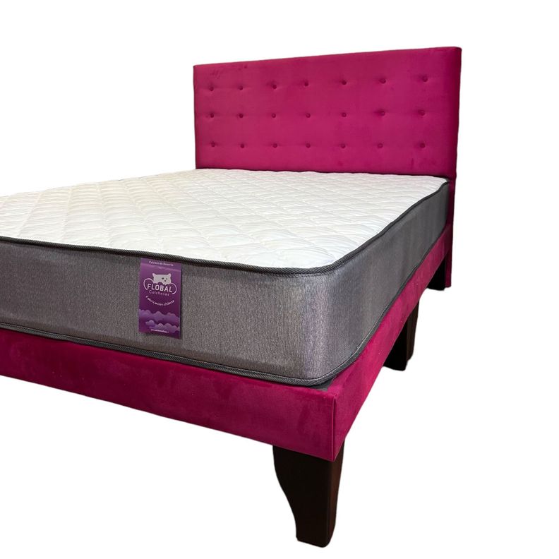 Cama 2 Plazas Abotonada 150X190cm + Respaldo Fucsia + Colchon Flobal-0