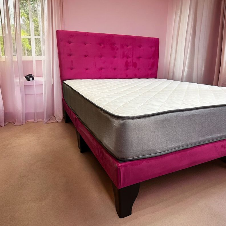 Cama 2 Plazas Abotonada 150X190cm + Respaldo Fucsia + Colchon Flobal-1