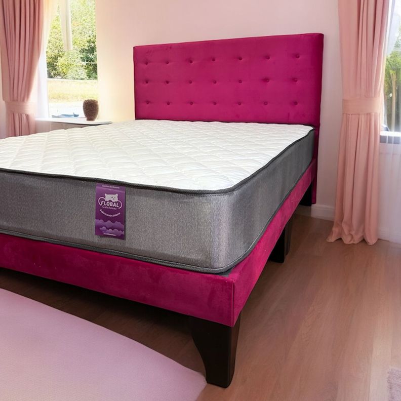 Cama 2 Plazas Abotonada 150X190cm + Respaldo Fucsia + Colchon Flobal-2