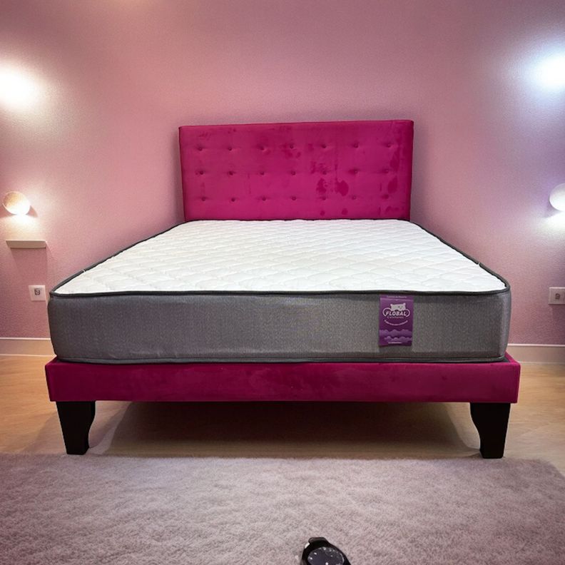 Cama 2 Plazas Abotonada 150X190cm + Respaldo Fucsia + Colchon Flobal-3