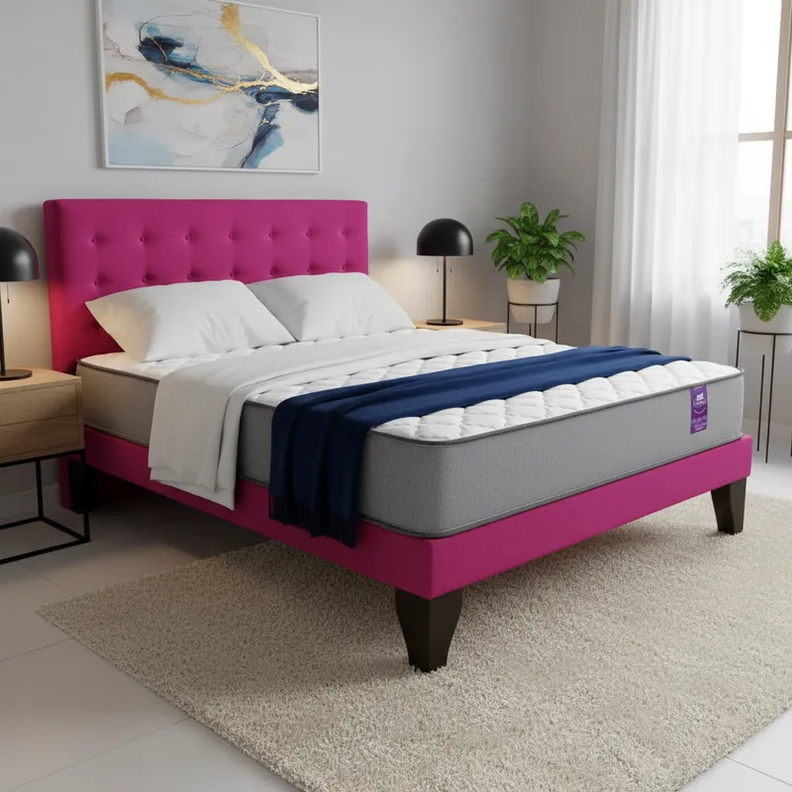 Cama 2 Plazas Europea con Colchon 28cm Fucsia Abotonada