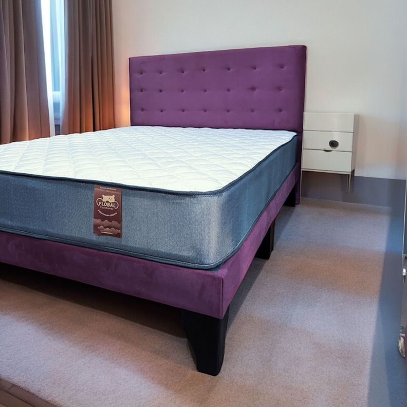 Cama 2 Plazas Abotonada 150X190cm + Respaldo Morado + Colchon Flobal-2