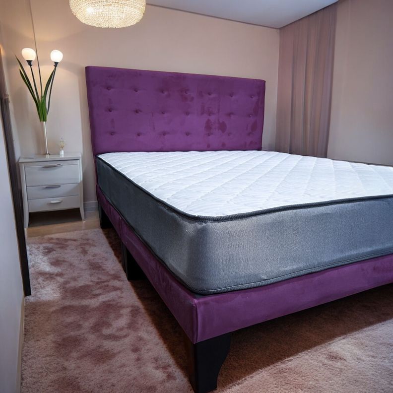 Cama 2 Plazas Abotonada 150X190cm + Respaldo Morado + Colchon Flobal-3