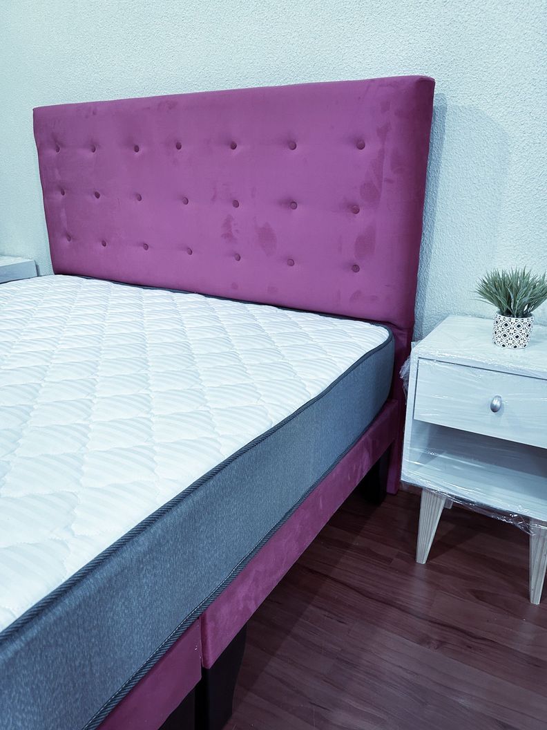 Cama 2 Plazas Abotonada 150X190cm + Respaldo Morado + Colchon Flobal-4