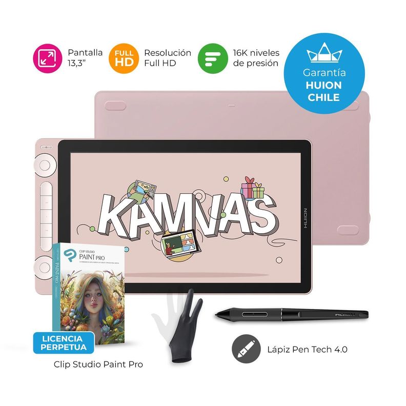 Tableta Gráfica Monitor Huion Kamvas 13 (Gen 3) Pink con Clip Studio - TG-1