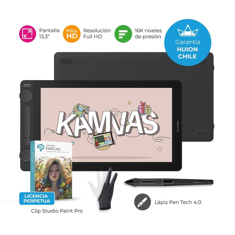 Tableta Gráfica Monitor Huion Kamvas 13 (Gen 3) Black con Clip Studio - TG-1