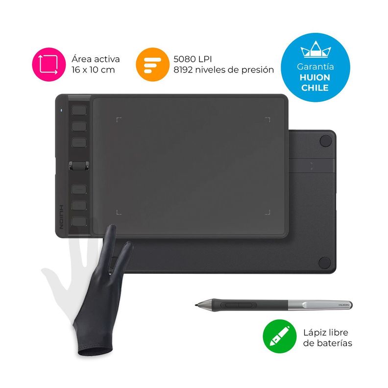 Tableta Gráfica Huion Inspiroy 2 S Black con Scroller y Guante - TG-1