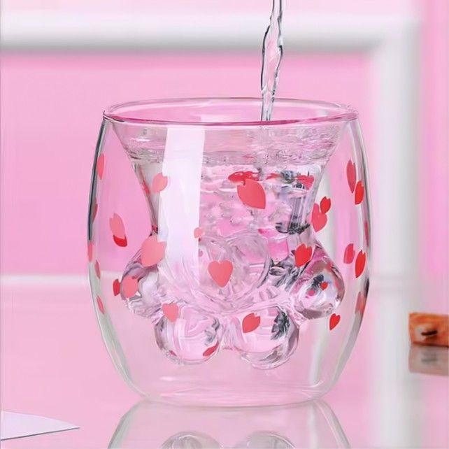 Taza Vaso Doble Vidrio Pata Gato Sakura T-00040-1-3