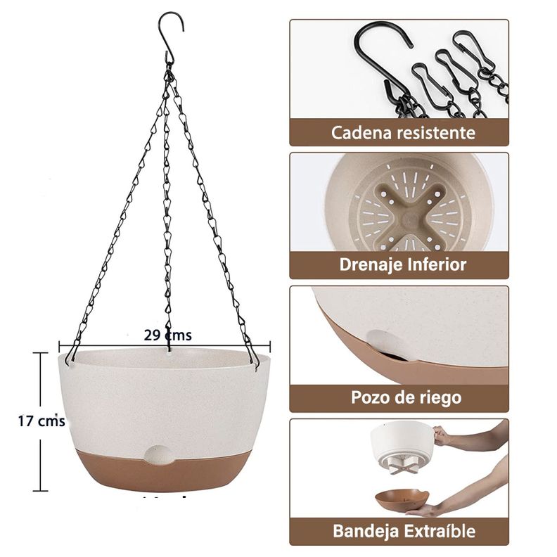 Kit 4 Maceta Colgante con Bandeja Extraíble y Drenaje L Blanca-2