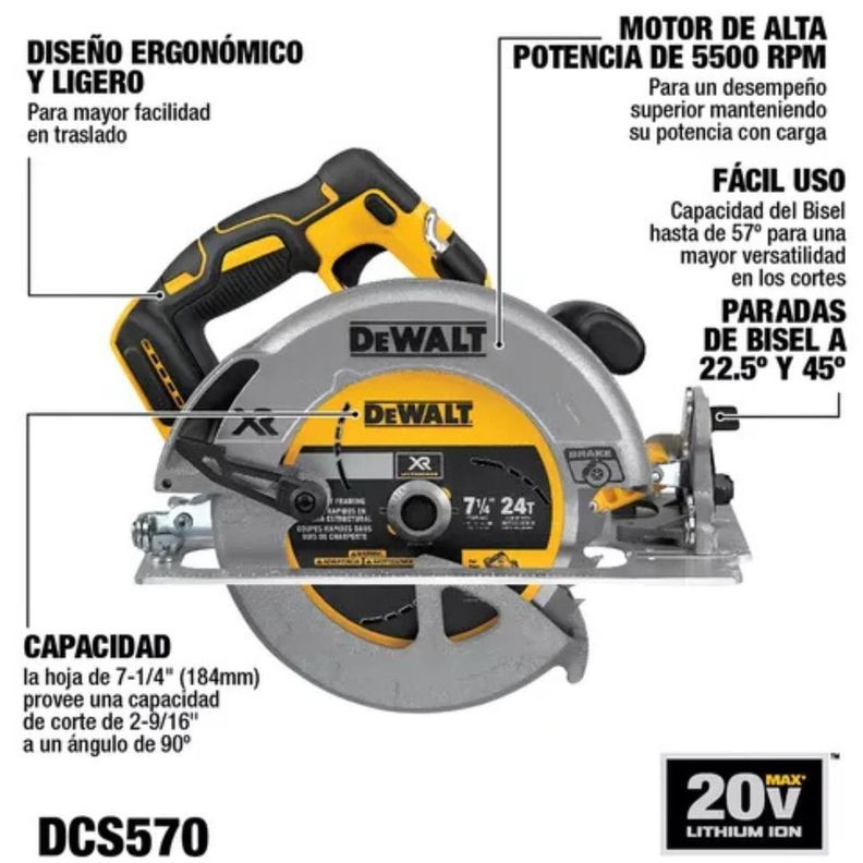 Sierra Circular 7-1/4" 20V Sin Batería DEWALT DCS570B-1