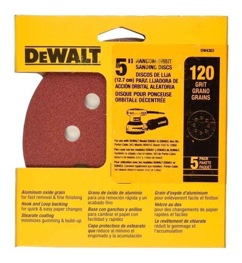 Set 5 Lijas Con Velcro Dewalt Dw4303 Grano 120 Amarillo
