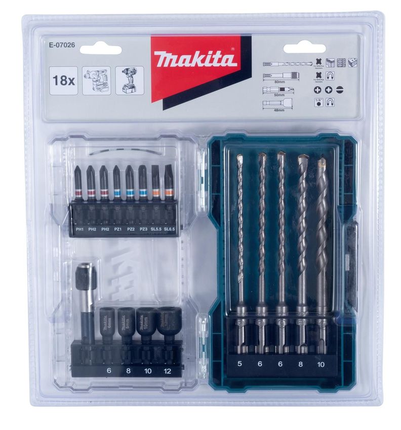 Set Brocas Sds Plus, Puntas Y Dados Makita 18 Piezas E-07026-1