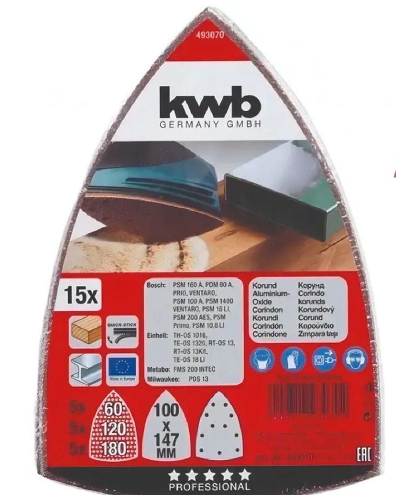 Set 15 Lijas Tipo Triangulo 100x147mm Kwb - Grano 60-120-180 Rojo