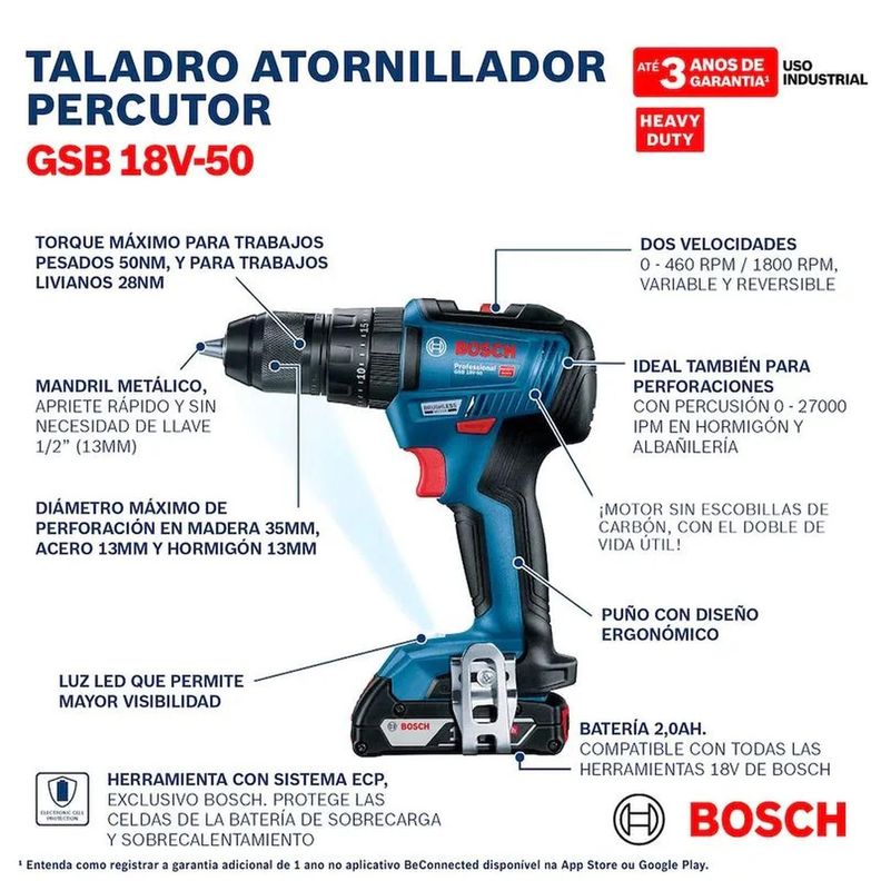 Taladro Percutor Inalámbrico Bosch Gsb 18v-50 - Sin Baterías-1