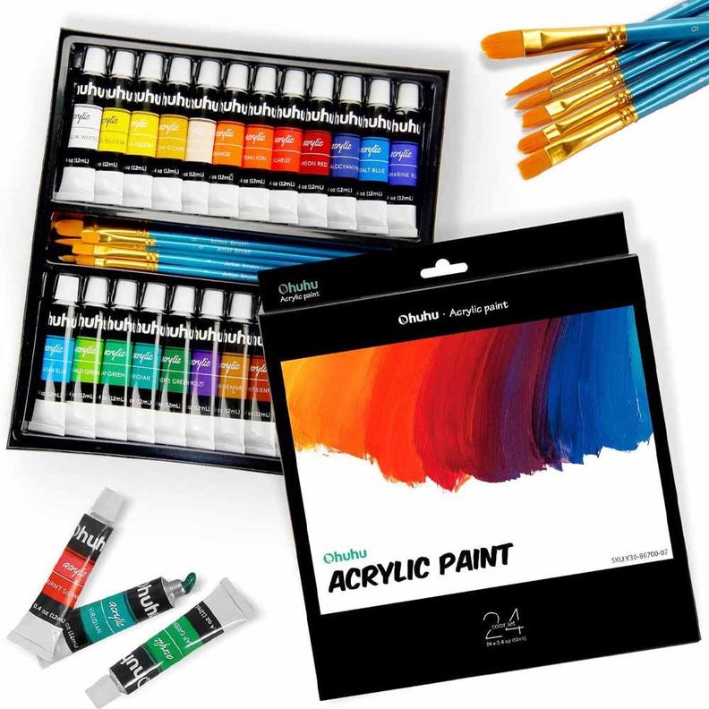 Set 24 Pinturas Acrílicas 12ml + 6 Pinceles-0