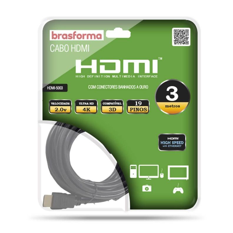 Cable HDMI 3 metros 4k 2.0V 3D Ready ARC - HDR - HDMI5003 BRASFORMA