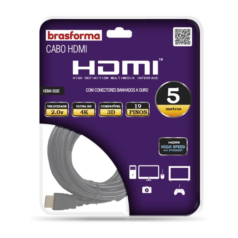 Cable HDMI 5mts 2.0V 4K 3D Ready - ARC - HRD - HDMI5005 BRASFORMA