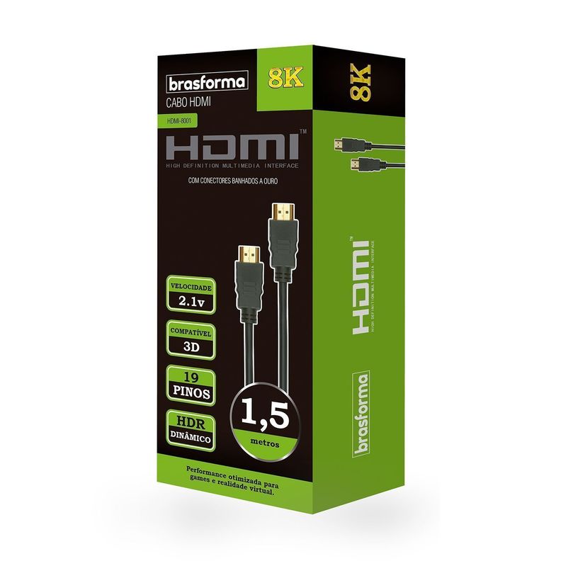 Cable HDMI 8K - 1,5MTS - 2.1V - 3D Ready - ARC - HDR - HDMI8001 Brasforma Negro
