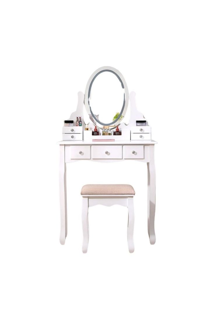 TOCADOR MAQUILLAJE MADERA BANCA + ESPEJO LUZ LED CATERINA Blanco