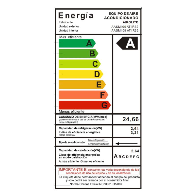AIRE ACONDICIONADO SPLIT MURO AIROLITE AASMI 09 ATI R32-6
