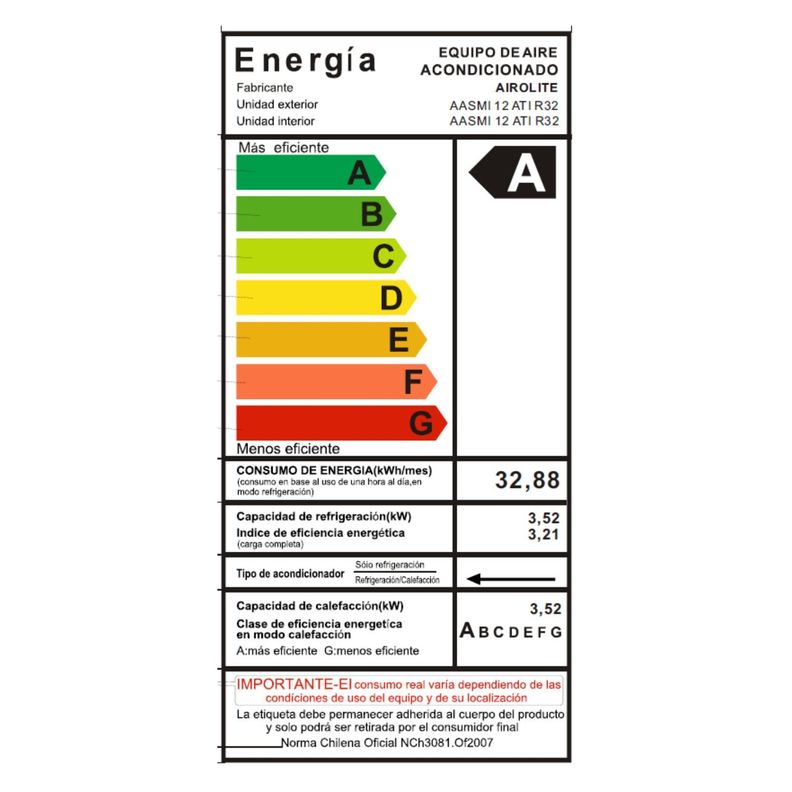 AIRE ACONDICIONADO SPLIT MURO AIROLITE AASMI 12 ATI R32-6