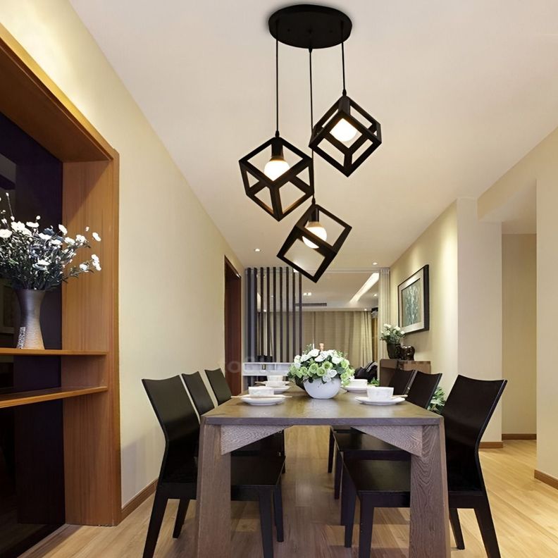 Lámpara Colgante Techo LED 3 Cubos Hierro Negro E27 Jhn-7