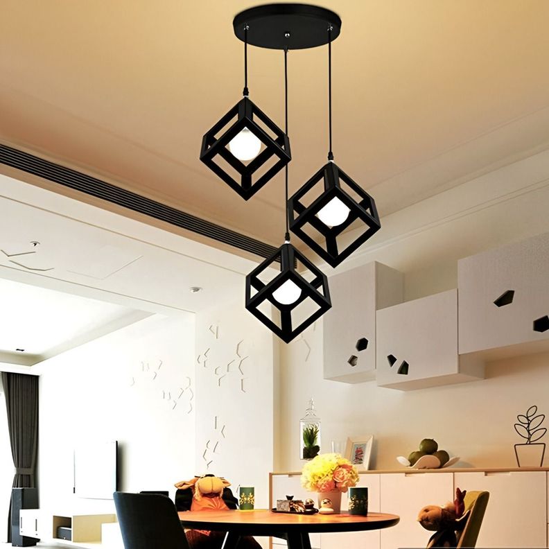 Lámpara Colgante Techo LED 3 Cubos Hierro Negro E27 Jhn-8
