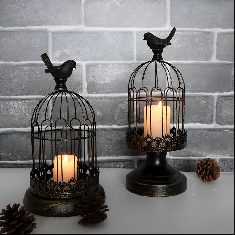 Set de 2 Candelabro Portavelas Decorativo Jaula Negro Jhn-5