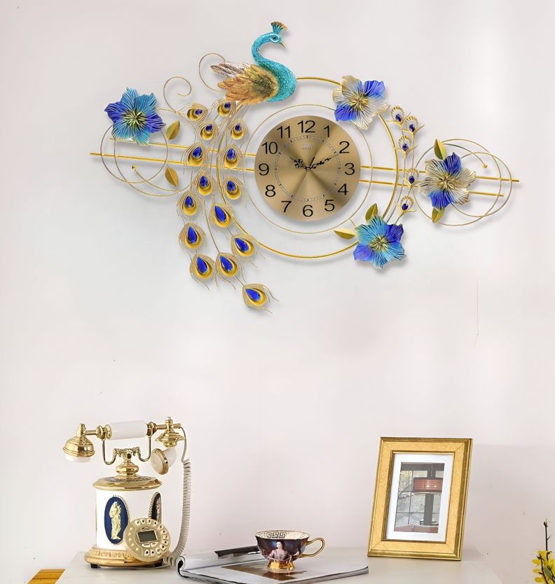 Reloj Pared 3D Decorativo Silencioso Pavo Real Floral Jhn-2