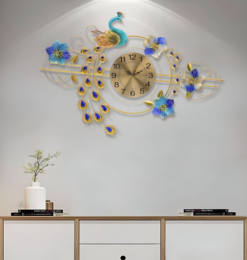 Reloj Pared 3D Decorativo Silencioso Pavo Real Floral Jhn-3