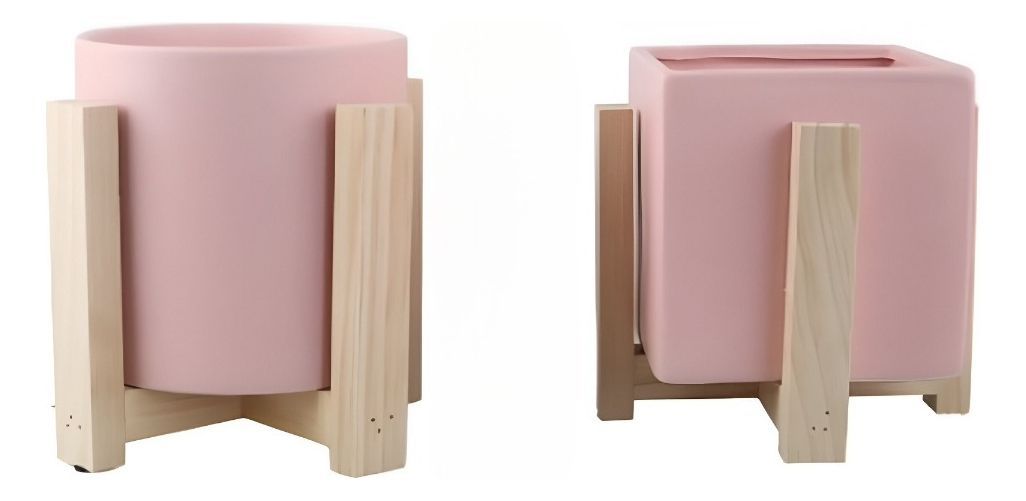 Maceta Cerámica Creativa Nórdica Soporte Madera Jhn-1