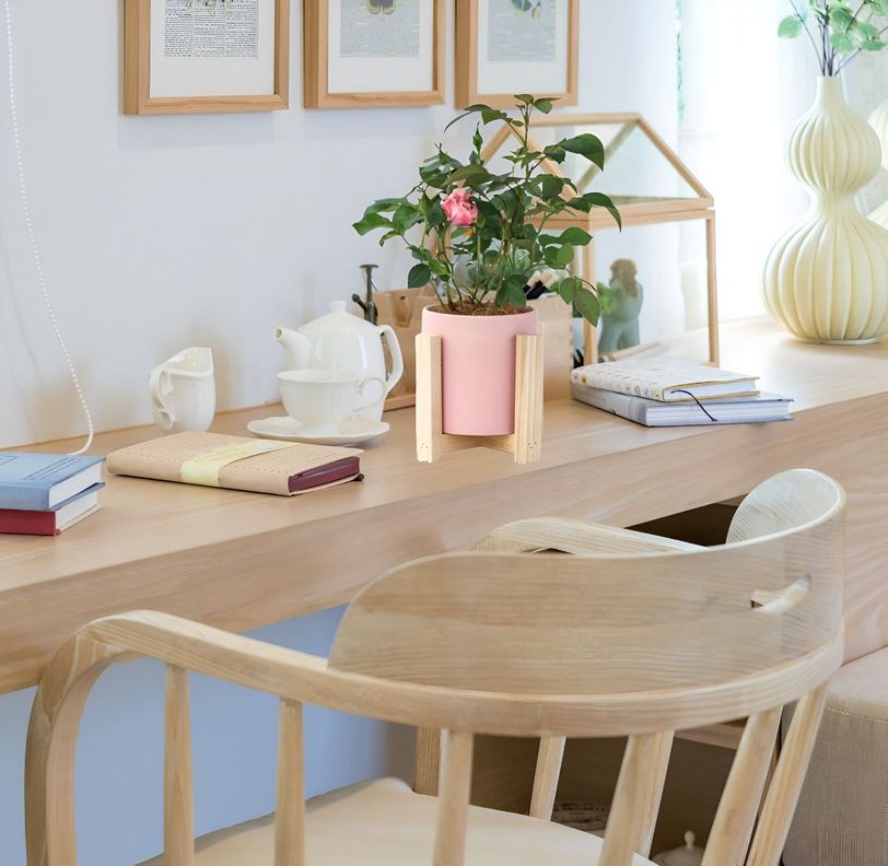 Maceta Cerámica Creativa Nórdica Soporte Madera Jhn-6